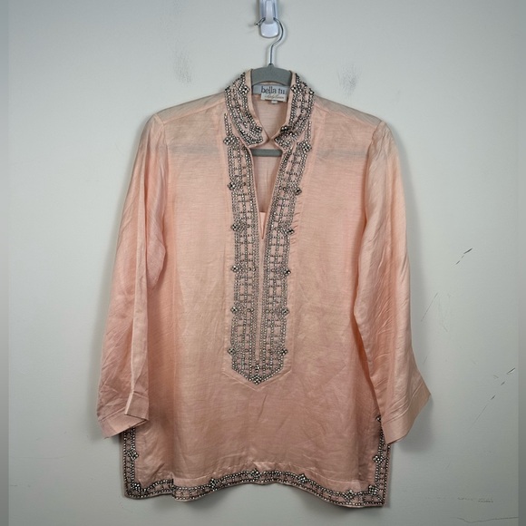 Bella Tu 3/4 Sleeve Beaded Crystal Embroidered Pink Color Top Blouse Large - Picture 1 of 9